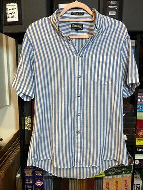 Vintage Townsley Blue White Striped Button Up Shirt Mens M Short Sleeve